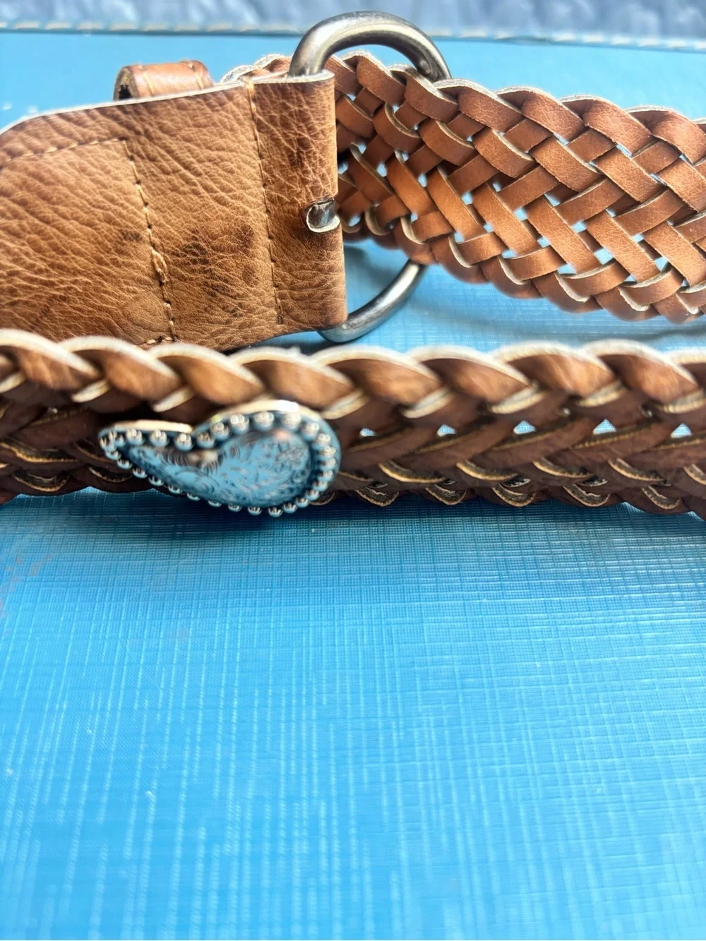 Brown Leather Weaved Southwestern Cowgirl Belt L With Silver Toned